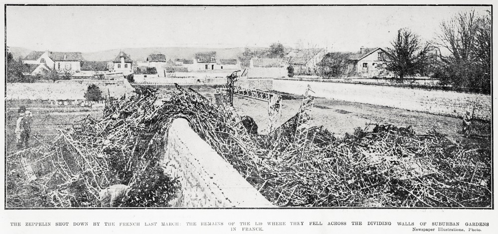 Wreckage of Zeppelin LZ86 L39 which crashed on a wall seperating two gardens in Compiegne, 17 March 1917