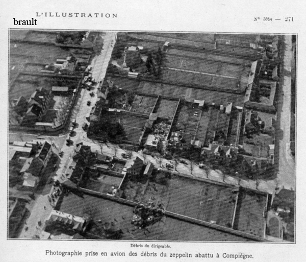 Aerial picture of the crash site of Zeppeln LZ86 L39 at Compiegne