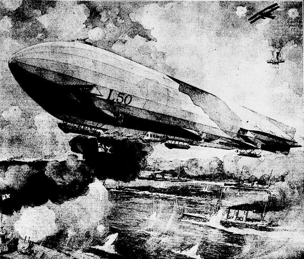 drawing of Zeppelin LZ89 L50 flying over sea with some naval ships below