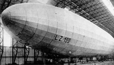 Zeppelin LZ90 LZ120 in its hangar at Seddin, Poland at the end of WWI