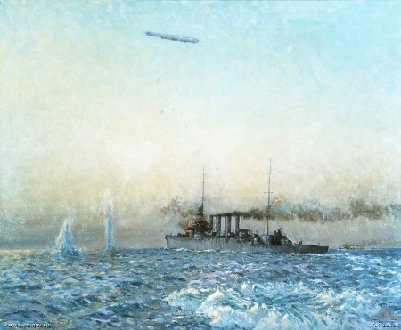 painting of Zeppelin LZ92 L43 attack on Australian light cruiser HMAS Sydney, 4 May 1917, North sea